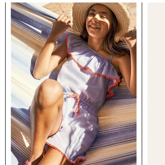 Boden Other - MINI BODEN girls blue and white pom pom romper. Cotton. EUC!